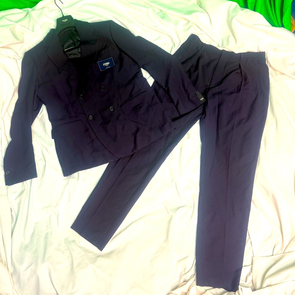 Fendi Men’s Navy Double-Breasted Suit Set w/ Logo Badges – Worn by Simon Rex